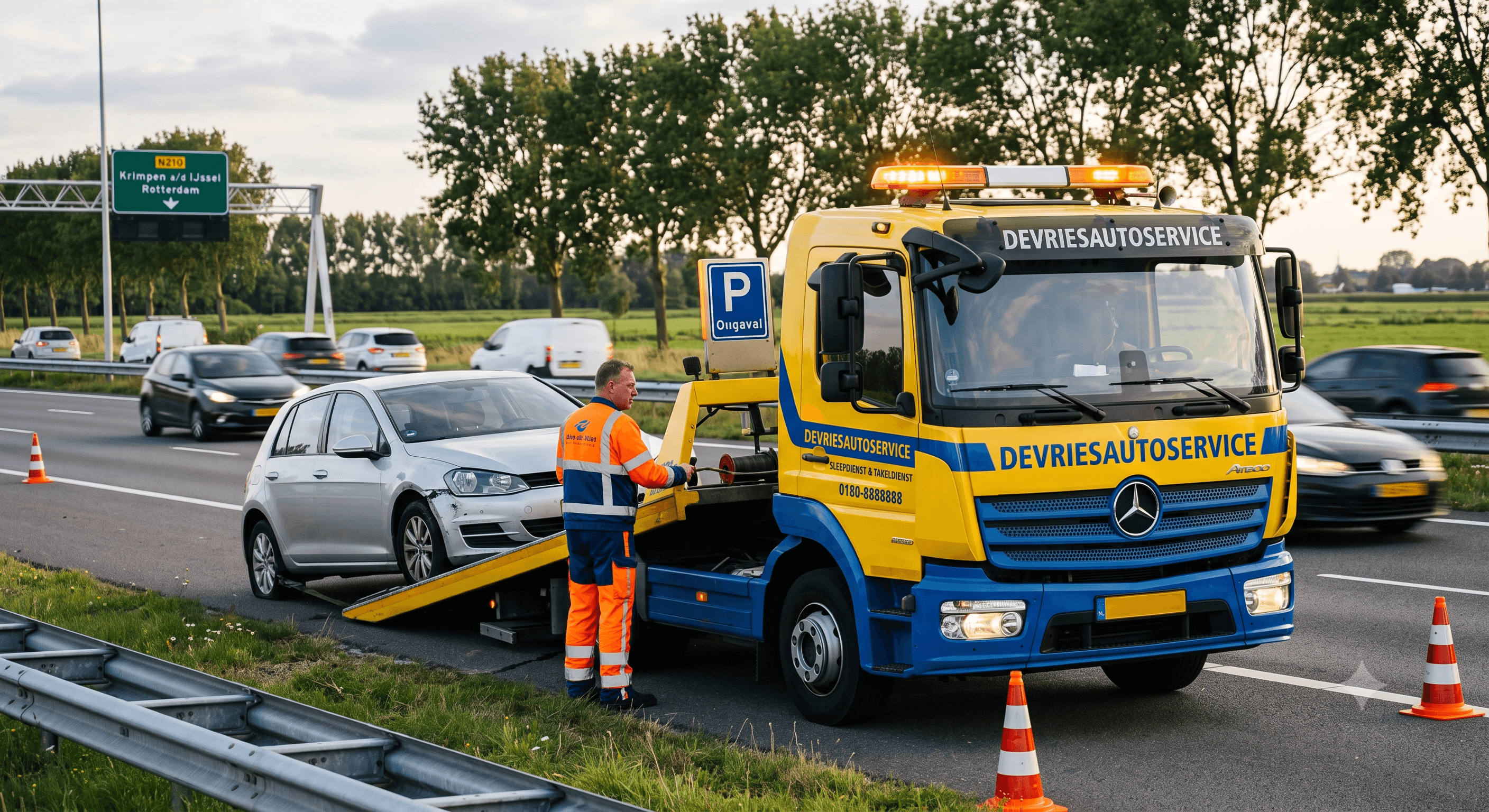 Takelwagen laadt een auto voor pech- en sleepdienst