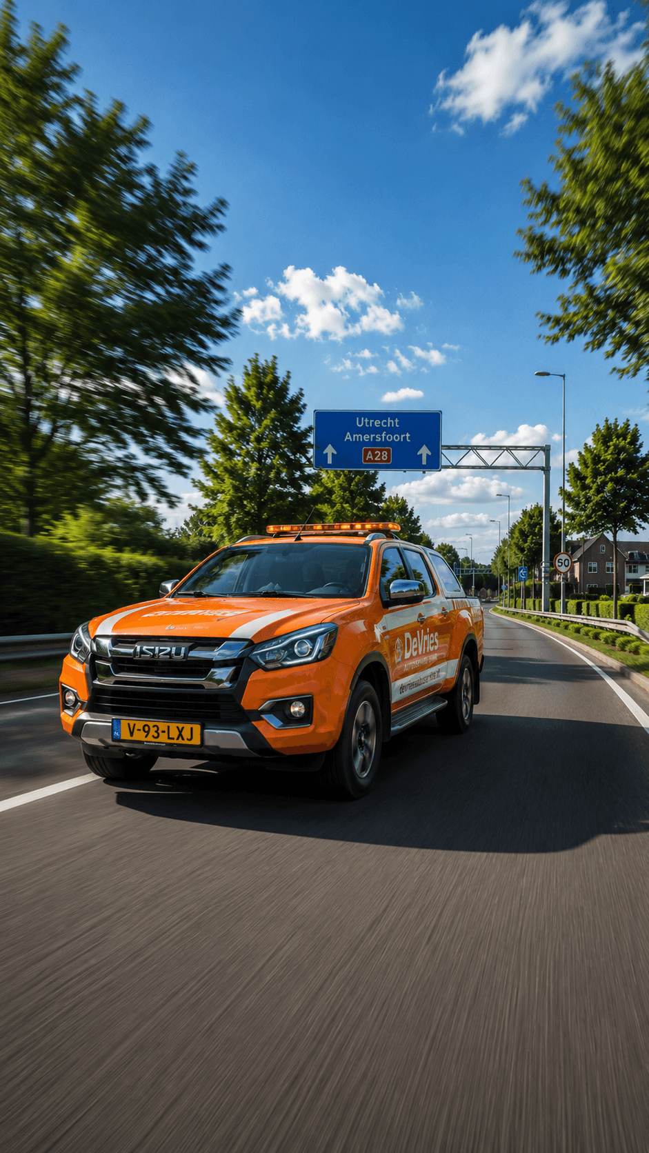 Servicewagen van De Vries Autoservice onderweg op de snelweg richting Utrecht en Amersfoort