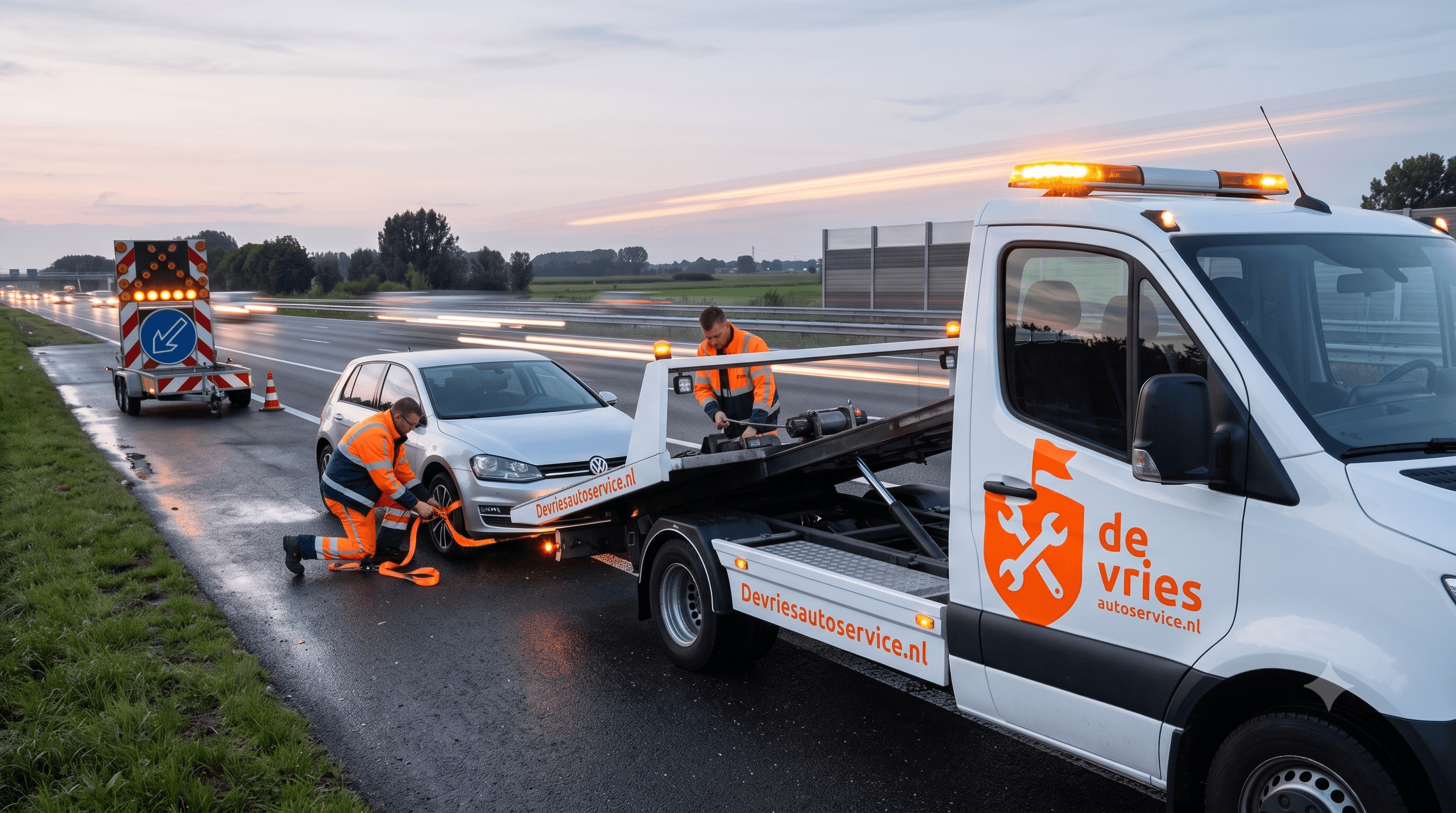 Monteur van De Vries Autoservice takelt een auto op de vluchtstrook