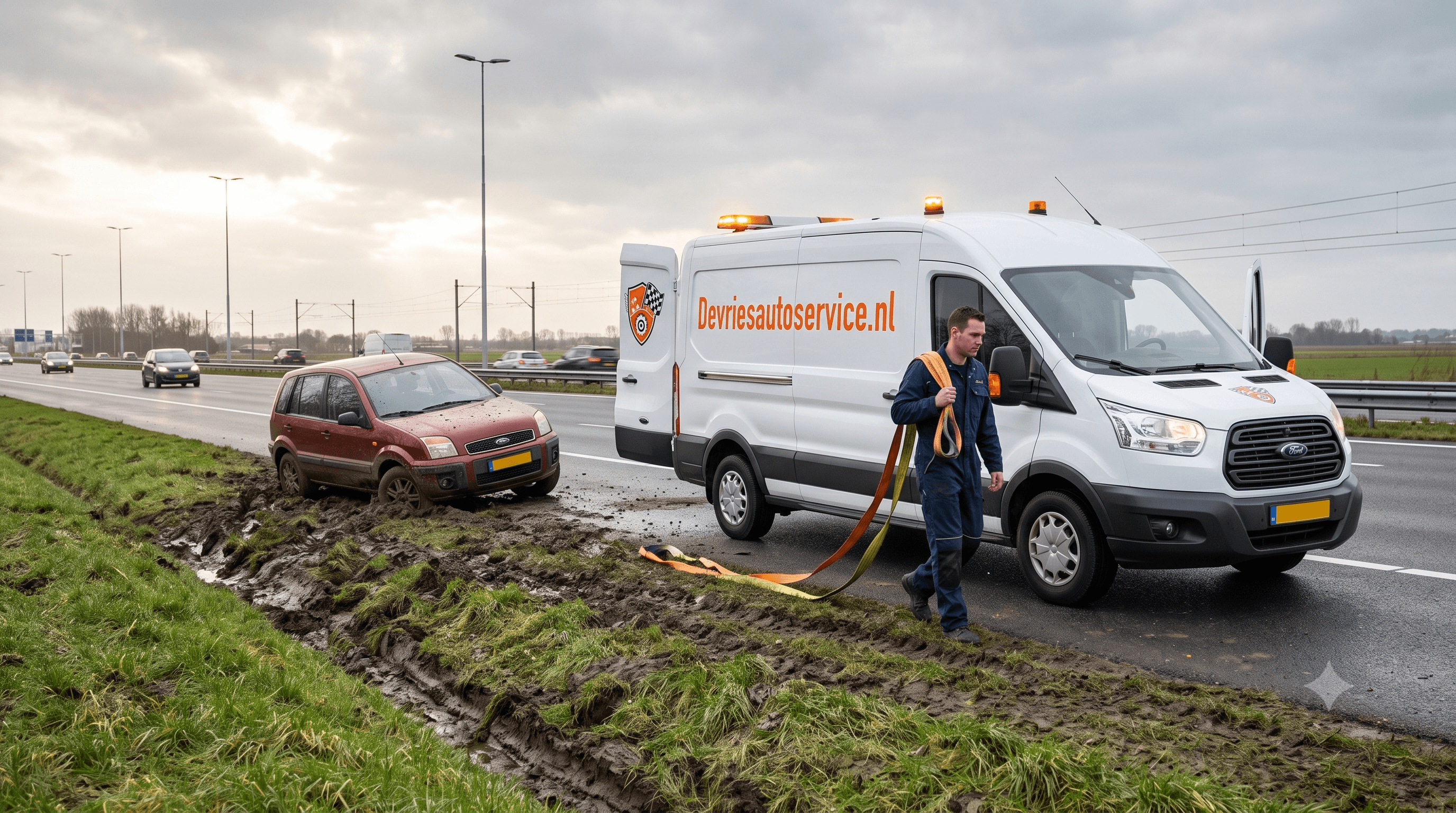 Bergingswagen van De Vries Autoservice laadt een auto op langs de snelweg